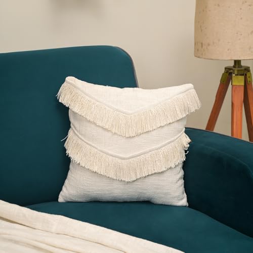 Image of Cotton Cushion Covers 18 inch x 18 inch | Boho Shaggy Square Decorative Cushion Cover for Bedroom | Hand Made Boho Throw Pillow Cover for Sofa (Set of 1, 18 * 18)