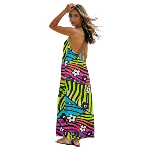 Robe caraco sans manches pour femme à rayures colorées et fleurs blanches en taille M