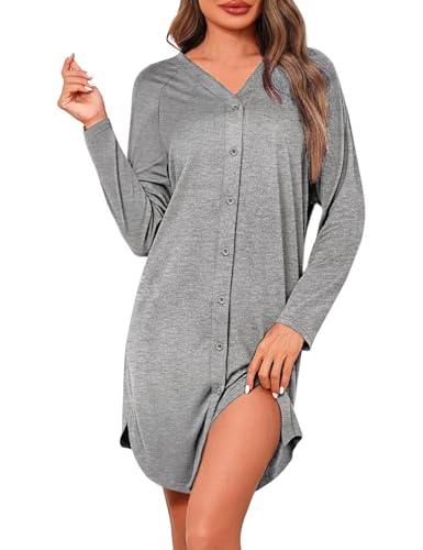 Crewhpo Chemise de Nuit Femme Coton Robe de Nuit à Maniche Lunghe Vêtements Nuit Maternité Accouchement Col V Chemise Nuit Allaitement Boutonnée Devant...