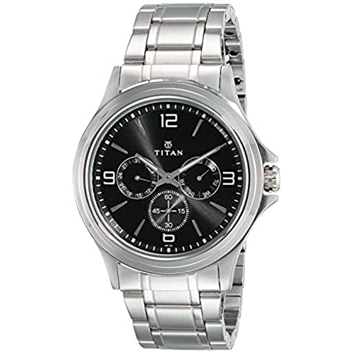 Titan Workwear Menâs Chronograph Watch | Quartz, Water Resistant, Stainless Steel Band | Silver Band and Black Dial