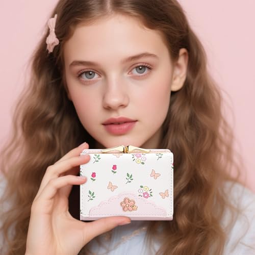 Image of YINHEXI Cute Trifold Wallet for Women Girls, Press-Lock Coin Wallet with ID Window, PU Leather Floral Small Wallet, Fits Purses & Pockets (Floral Pink2)