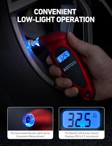 Image of AstroAI Digital Tire Pressure Gauge, Industrial Tire Gauge Calibrated to ANSI B40.7 + /-1PSI, AAA Batteries, for Light Trucks, Pickup Trucks, SUVs, Cars, Red, 2Pack