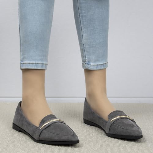 Image of Pointy Toe Penny Loafers for Women Dress Office Work Flats Shoes | Comfortable Women's Faux Suede Leather Slip On Flat Loafers for Driving Business Casual Cute Ballet Shoes