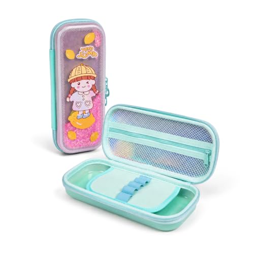 Image of WISHKEY Hard Shell EVA Pencil Box for Girls Cute Cartoon Glitter Pencil Case with Mesh Pocket, Elastic Pen Holder & Dual Zipper Large Capacity Water Resistant Stationery Organizer for School Kids