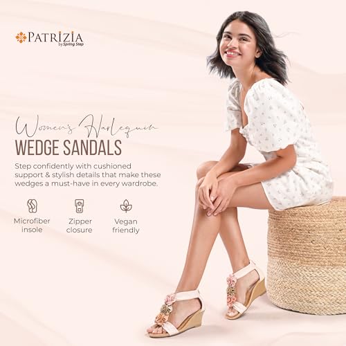 PATRIZIA Women's HARLEQUIN Ankle Strap T-Strap Wedge Sandals - Floral Design, Cushioned Insole, Back Zipper3