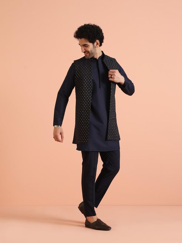 Kisah Silk Blend Kurta Jacket Trouser Set For Men | Nehru Jacket Waistcoat Kurta Set With Trousers | Mens Ethnic Collections-Ka-0941-5542-T306-38-Navy Blue