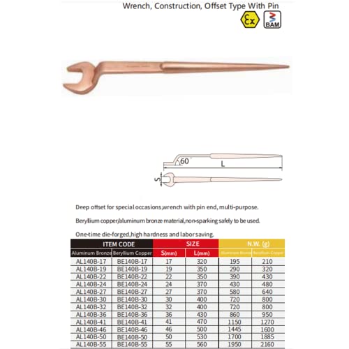 WEDO Spark-free single open-end wrench, construction key with pin 60 degrees, explosion-proof construction wrench, safety, aluminium bronze, BAM/FM/DIN standard, size 24 mm - Image 2
