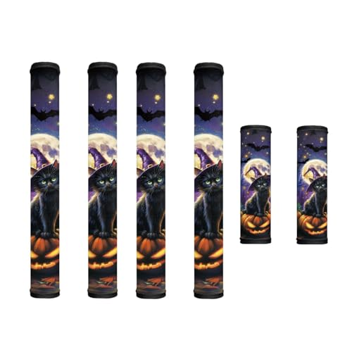 Image of Halloween Fridge Door Handle Covers Set of 6 Kitchen Appliance Decor Anti-Slip Protectors Washable Refrigerator Accessories, Black Cat Moon Pumpkin Bat Violet Halloween Decor