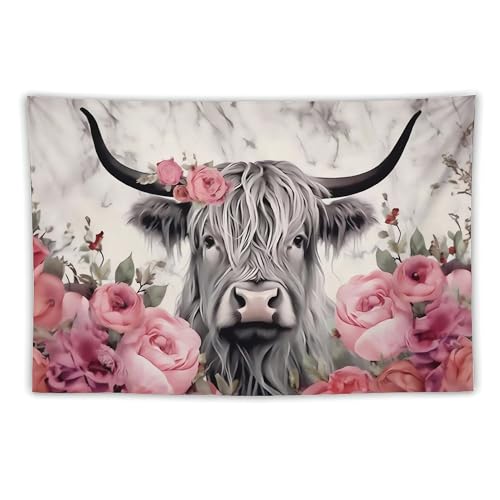 Image of ANMOGID Highland Cow Tapestry, Boho Farmhouse Floral Animal Wall Hanging, Cute Pink Rose Flower Country Wall Art Decor for Bedroom & Living Room 59"x39"