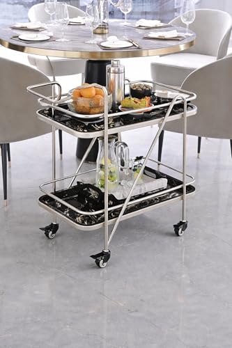 Image of Brown Art SHOPPEE 2 Tier Solid Metal Bar Trolley Serving Trolley Coffee Table Bar Trolley Serving with Wheel Home and Restaurant Mobile Cart for Food Serving Table for Living Room (Silver & White)