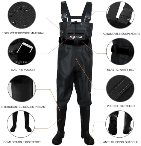Night Cat Fishing Waders for Men Women Waterproof Hunting Chest Wader with Bootfoot Belt Breathable Lightweight Black Size Men 10 - 3