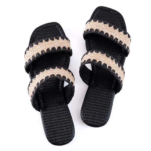 Image of Mtzyoa Women Flat Sandals Raffia Braided Summer Straw Dressy Casual Vacation Bohemian Cute Beach Comfy Slip On Slides