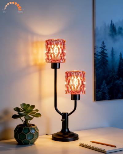 Image of Lightdot Red Glass Vintage Lamp Mid Century Modern Table Lamp Dimmable Gift | Nightstand Lamp Black Desk Lamp 2 Bulbs Included 3000K Warmwhite Ambient Bedside Lamps for Bedroom Living Room Home Decor