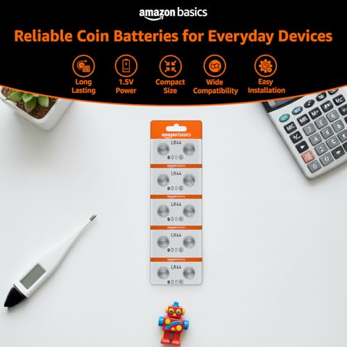 Image of Amazon Basics Long-Lasting LR44 Alkaline Coin Cell Batteries | 1.5V Voltage | Lightweight & Portable (Pack of 10)
