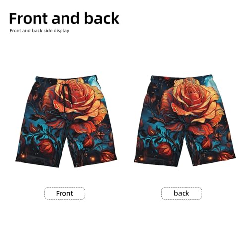 Boys Swim Trunks Beach Shorts Summer Surf Kids Youth Bathing Suits, Rose On Fire Burning Art Moon2