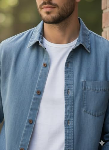 Generic Men's Blue Denim Shirt, Long Sleeve Casual Sky Blue - Image 7