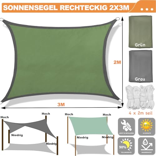 Cveenk Sonnensegel Rechteckig 2x3m, UV -Schutz Sonnenschutz Windschutz Wasserdichter Sonnensegel inkl Befestigungsseile, Sonnenschutz Rechteckig mit ösen für den Balkon Garten Terasse Strand Camping