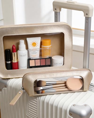 Image of 2Pack Clear Makeup Bags, Makeup Pouch for Purse Slim Make Up Brush Bag for Girls Car Accessories Essentials for Women(2Pack-Gold Set)