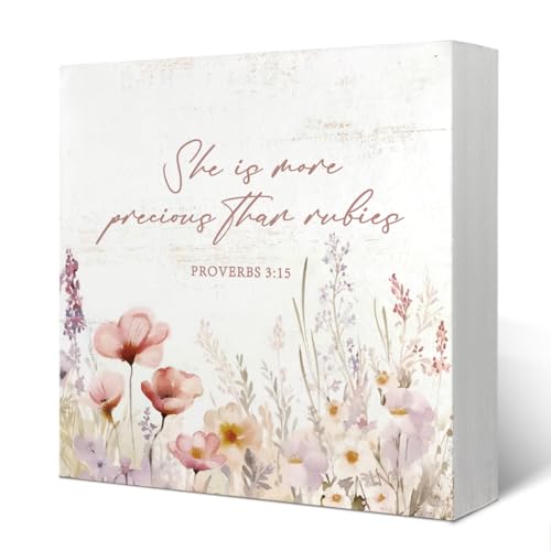 Image of Yetmadi Girl Nursery Christian Room Decor For Baby Girls, Wildflower Flower Nursery Bible Verse Floral Wooden Box Desk Decor for Room Baby Girl Gift 5x5 Inch