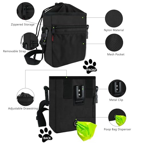 kissleaf Futterbeutel Hundetraining Leckerlitasche für Hunde Erziehungshilfen für Hunde Bauchtasche Hundetraining Zubehör Hunde Futterbeutel mit Hunde Kotbeutelspender (Black)