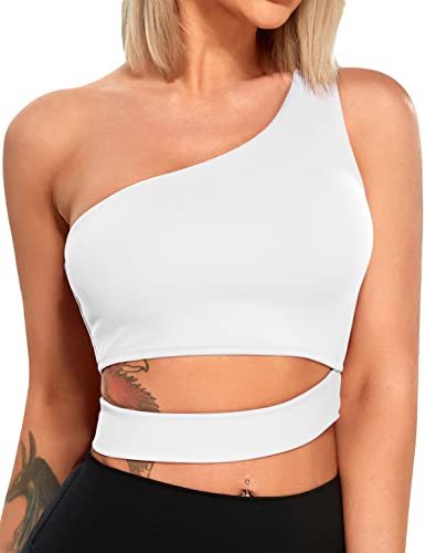 Womens One Shoulder Sports Bra Longline Sports Bra Tank top Workout Tops for Women Cutout Crop Top White