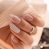 24 Stück French Tip, Mandelform, falsch, mit elegantem Glitzer, Streifenmuster, Dekoration, Acryl, Vollabdeckungen