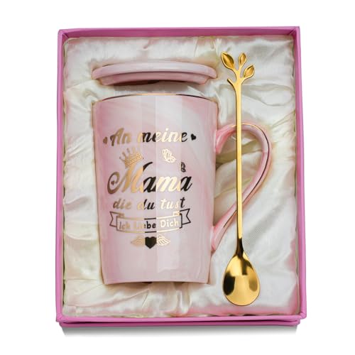 Geschenke für Mama Geschenk, Geburtstagsgeschenk für Mama, Muttertagsgeschenke für Mama, 400ml Mama Tasse Mutter Geschenk Marmor Keramik Kaffeetasse mit Deckel, Blätter Löffel, Geschenkbox, Grußkarte