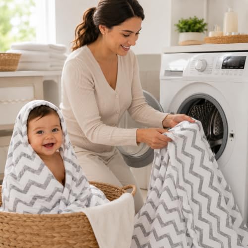 Image of 100% Cotton Muslin Baby Swaddle & Bath Towel, 120 x 120 cm (47 x 47 Inches), Soft & Breathable Newborn Baby Swaddle Wrap, Lightweight Cotton Baby Blanket, 0-18 Months, Zig Zag, Set of 1