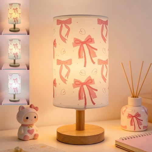 Pink Bow Table Lamp 3 Colors Bedside Lamp for Kids Bedroom Nightstand Night Light Girls Room Decorative Lights with Cartoon Flaxen Fabric Shade Desk Lamp for Girls Boys Birthday Gifts for Home Decor