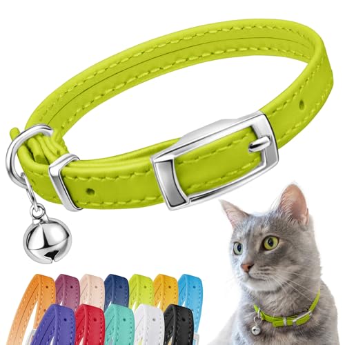 Image of CollarDirect Leather Cat Collar, Animal Collar with Elastic Safety Strap and Bell for Boy, Girl, Kitten (Neck Fit 6 inch-7 inch, Lime Green)