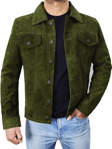 Image of Mens Premium Brown Suede Leather Trucker Jacket - Vintage Classic Motorcycle Western Goat Leather Coat