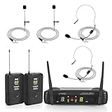 Pyle 2 Channel Wireless Microphone System - Portable UHF Digital Audio Mic Set with 2 Headset, 2 Lavalier lapel, 2 Transmitter, ¼’’ cable, power adapter - For Karaoke, PA, DJ, - PDWM3400,Black