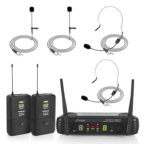 Pyle 2 Channel Wireless Microphone System - Portable UHF Digital Audio Mic Set with 2 Headset, 2 Lavalier lapel, 2 Transmitter, ¼’’ cable, power adapter - For Karaoke, PA, DJ, - PDWM3400,Black