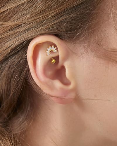 COCHARM Cute Silver Gold Flower Rook Earrings 16g Sparkling Rook Barbells for Women Gold Stainless Steel 8mm Rook Piercing Dainty Rook Jewelry Silver Rook Rings2