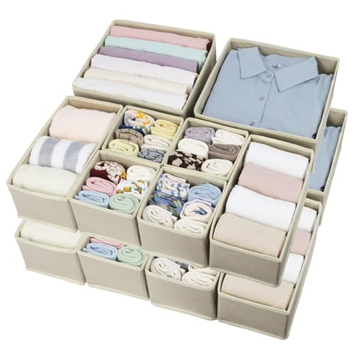 Image of Fordonral 16 Pack Drawer Organizer Clothes, Foldable Fabric Dresser Organizer Closet Organizers and Storage Box for Underwear,Folded Clothes,Baby Clothing,Socks,Bra,Towels,Ties(Beige)