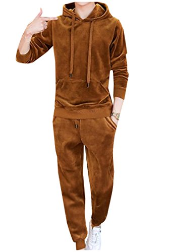 Comfy Men's Velour Pure Color Hooded 2 Pieces Sport Sweat Suit Set Yellow L