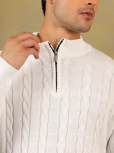 Image of Kvetoo Men's Wool High Neck Zipper Sweater, Full Sleeve Cable Knit Quarter Zip Winter Pullover