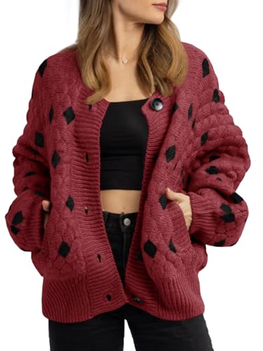 Saodimallsu Womens Chunky Cardigans Button Down Long Sleeve Open Front Plaid Knit Loose Fall Sweater Coats Wine Red