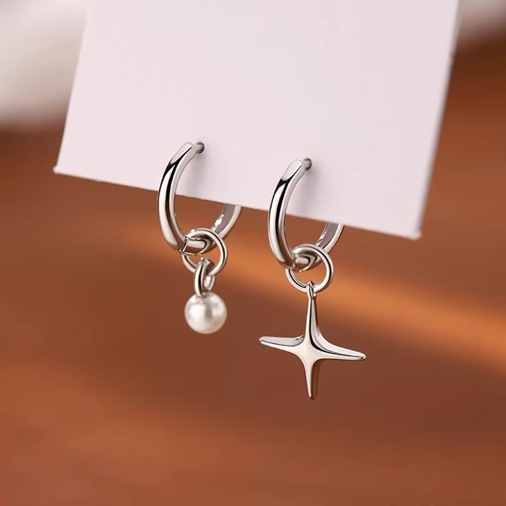 Star Drop Hoop Earrings for Women Teens 925 Sterling Silver Star Huggie Earrings Simulated Pearl Drops Hypoallergenic - Image 4
