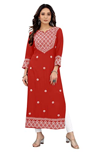 Image of Women's Rayon Embroidered Straight Kurti Under 499 Designer Attractive Look Women's Kurta
