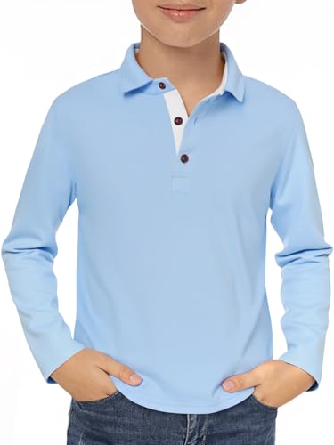 Haloumoning Boys Long Sleeve Polo Shirt Kids Casual Collared School Uniform Shirts 5-14 Years