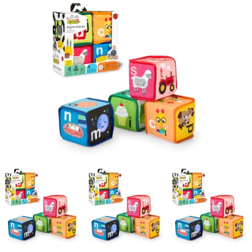 Image of Baby Einstein Alpha Stacks Baby Learning Blocks, Soft, Multisensory Stacking Toys with Letters A-Z, Animals, Colors & Textures, Set of 4, Ages 3 Months+, 3.5 inches (Pack of 4)
