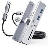 ORICO USB Hub 3.0, Clamp USB Hub with Extra Power Port, Aluminum USB C Adapter with 2 USB-A Data Ports,3.5mm AUX, SD/TF Card Reader for Desktop(Silver)