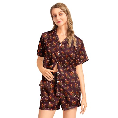 Image of Funny Satin Pajamas Set for Women Button Down Sleepwear Print Pjs Set 2 Piece Short Sleeve Loungewear Gift for Women