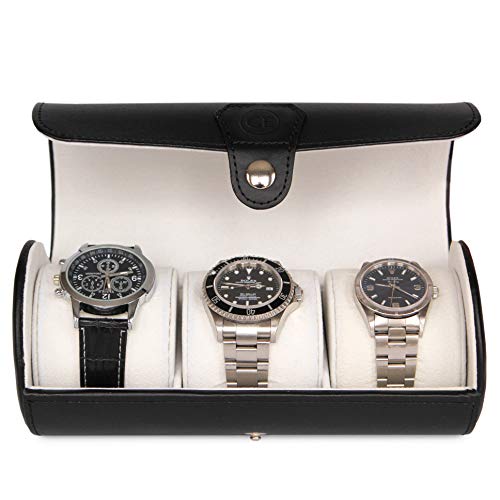 Image of CASE ELEGANCE Travel Watch Case Roll Organizer for Men - 3 Watch Box & Vegan Faux Leather Watch Display Case - Mens Watch Holder, Storage & Travel Organizer - Black
