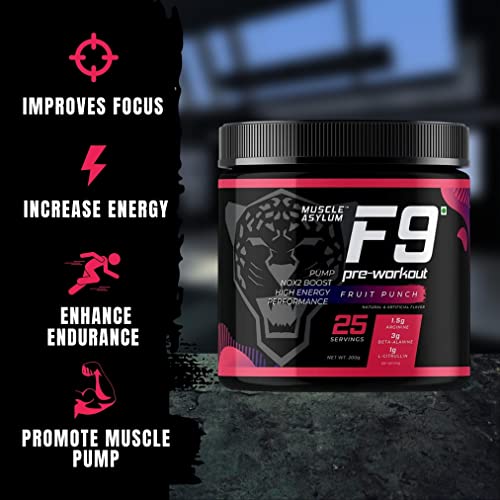 Image of Muscle Asylum F9 Series Pre-Workout Powder | 200g, 25 Servings | Fruit Punch | With Genuine Lab Reports | Boosts Energy & Endurance | Improves Focus | Revs Up Recovery | 1.5g Bcaa | 750mg Alanine | with 300mg Caffeine Per serve