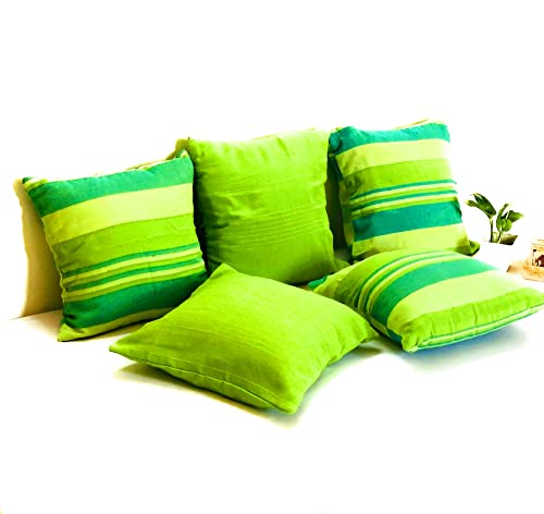 Image of RANGBHAR Handloom Cotton 220 TC Cushion Covers With Concealed Top Zip, Striped /Solid Cushion Covers For Living Room, 16 X 16 Inch, Green, Pack Of 5