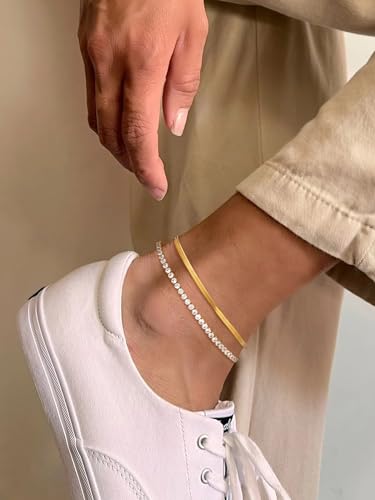Image of FindChic Black /Silver /Gold Plated Anklets Set of 2PCS /3PCS Herringbone Chain Cuban Link Heart Charm Sparkling Tennis Ankle Bracelets, Waterproof Summer Foot Jewelry for Beach