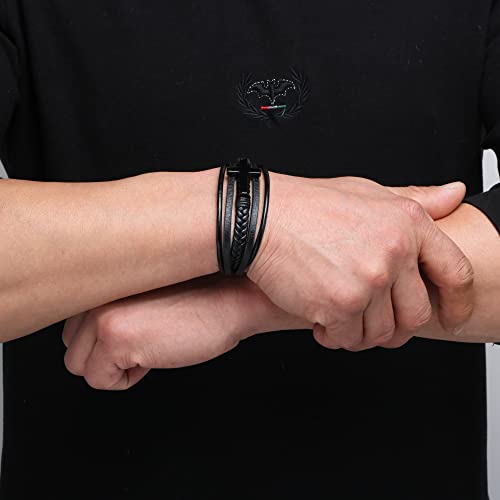 Leather Bracelet For Men Husband Gifts For Christmas Braided Genuine Leather Bracelet Cuff Bangle Multi-Layer Leather Bracelets With Clasp Metal Cross Bracelet For Menbirthday Valentine's Day New Year Gifts For Husband From Wife #TOP3