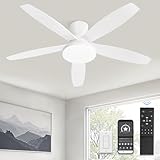 ZMISHIBO 48 inch Ceiling Fans with Lights and Remote/APP Control,White Low Profile Ceiling Fan with Light,Quiet DC Motor,LED Dimmable, Modern Flush Mount Ceiling Fan for Bedroom Indoor/Outdoor Patio